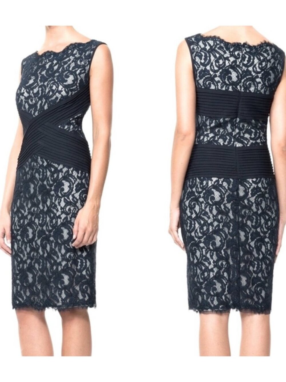 Tadashi Shoji Navy/Ivory Lace Sleeveless Crisscross Waist Dress in Women's 10